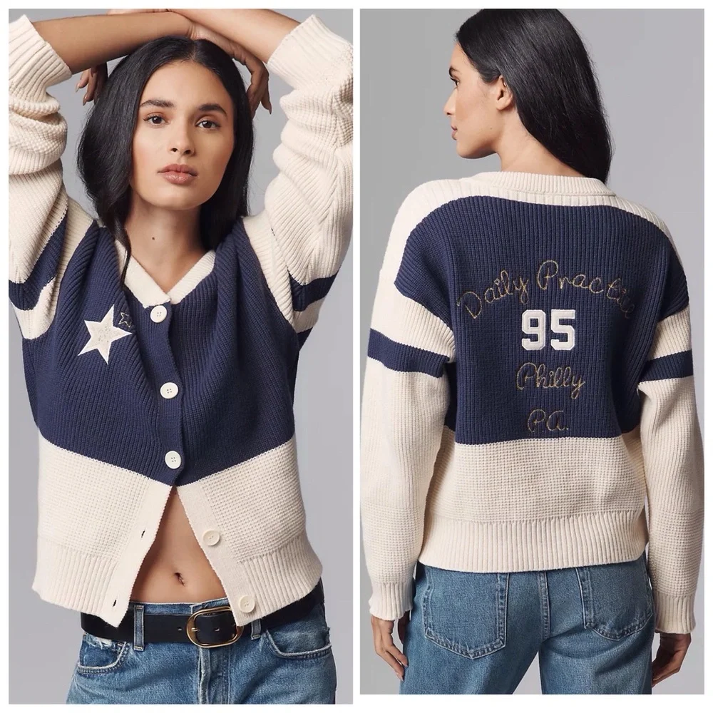 ANTHROPOLOGIE DAILY PRACTICE Quarterback Cardigan Sweater Oversized Embroidered - Picture 1 of 11